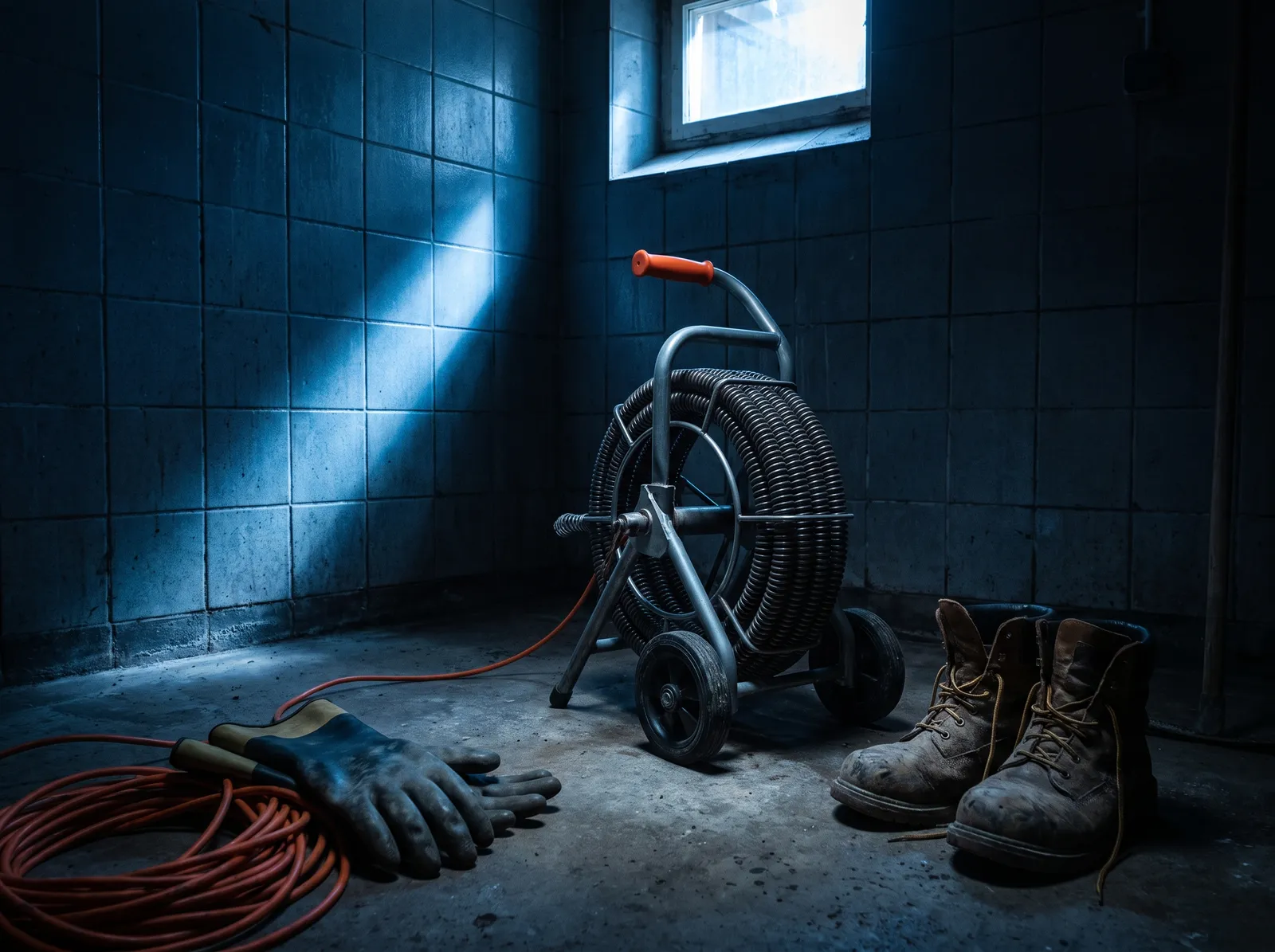 Machine de débouchage à câble spiralé dans une buanderie
