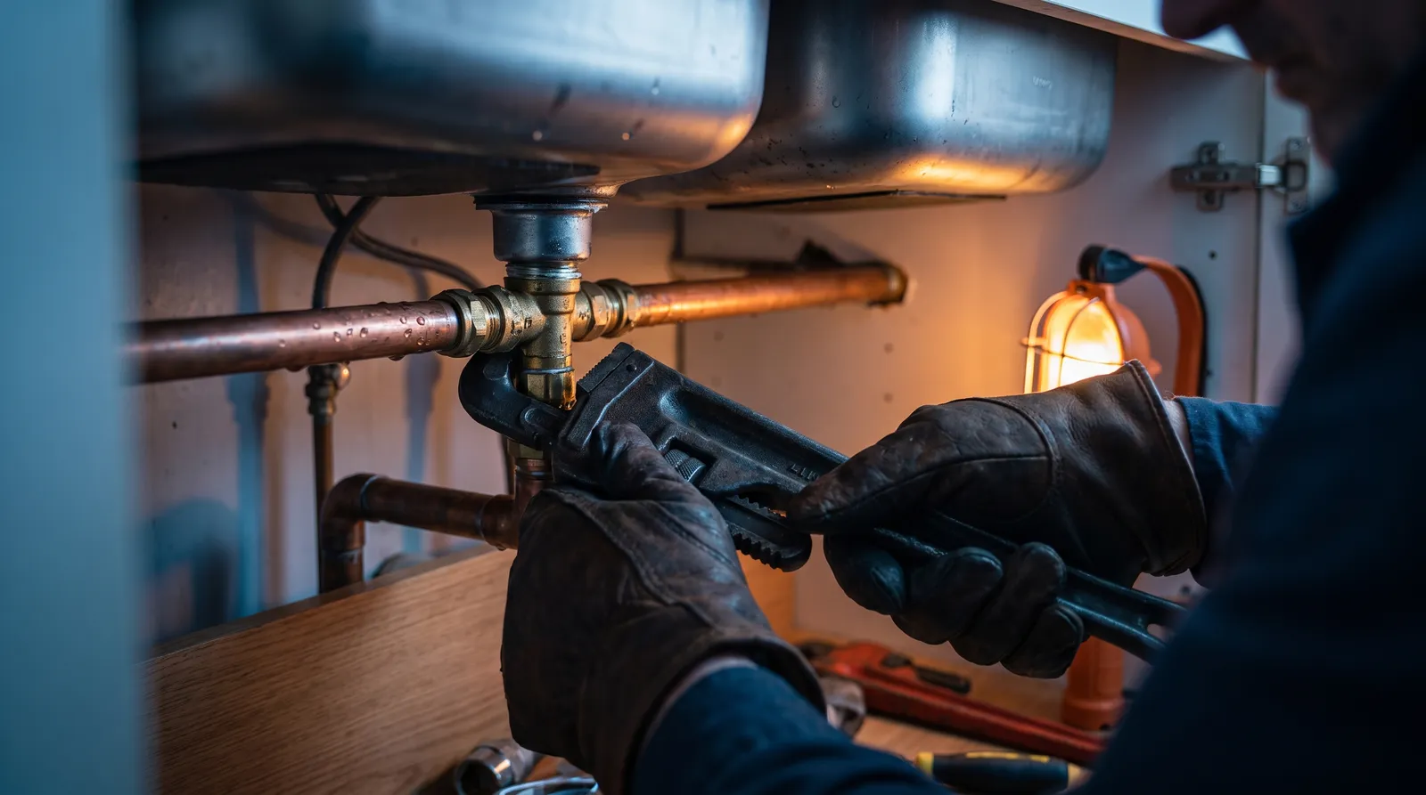 Plombier serrant un raccord en cuivre sous un évier, éclairé par une lampe de chantier